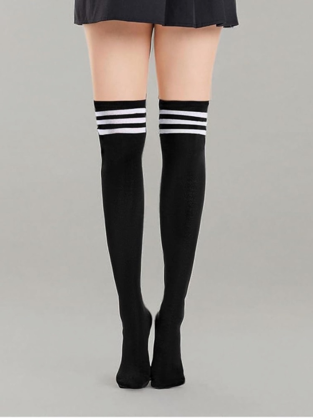 Black Over-the-Knee Socks with White Triple Stripes Kneehighs